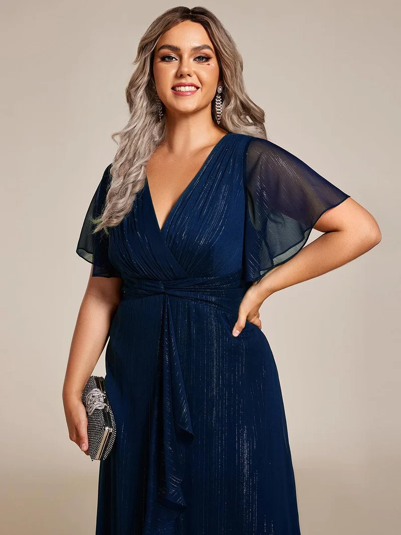 ever OPAHL|Robe d'invité de mariage mi-longue trapèze à manches courtes et paillettes avec ourlet à volants