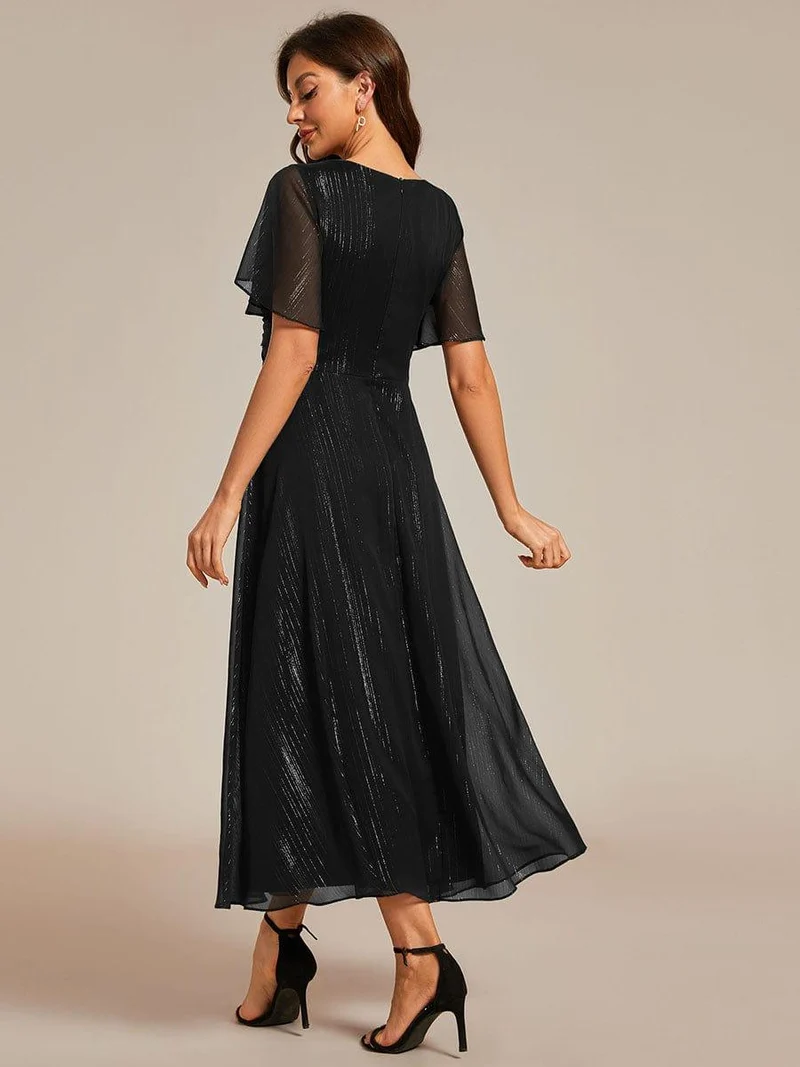 ever OPAHL|Robe d'invité de mariage mi-longue trapèze à manches courtes et paillettes avec ourlet à volants