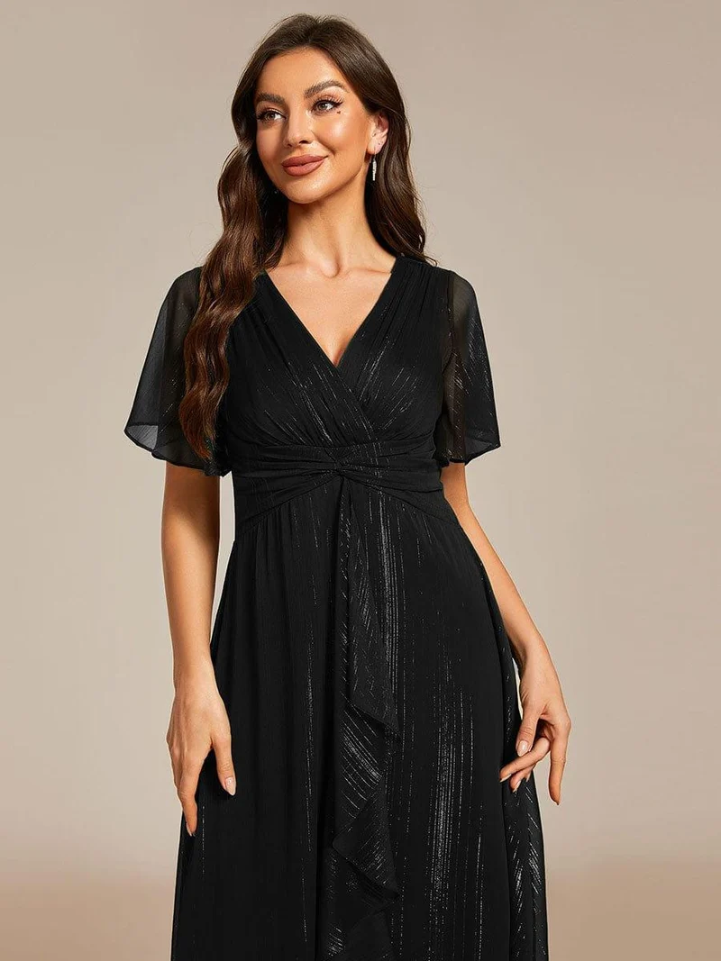 ever OPAHL|Robe d'invité de mariage mi-longue trapèze à manches courtes et paillettes avec ourlet à volants