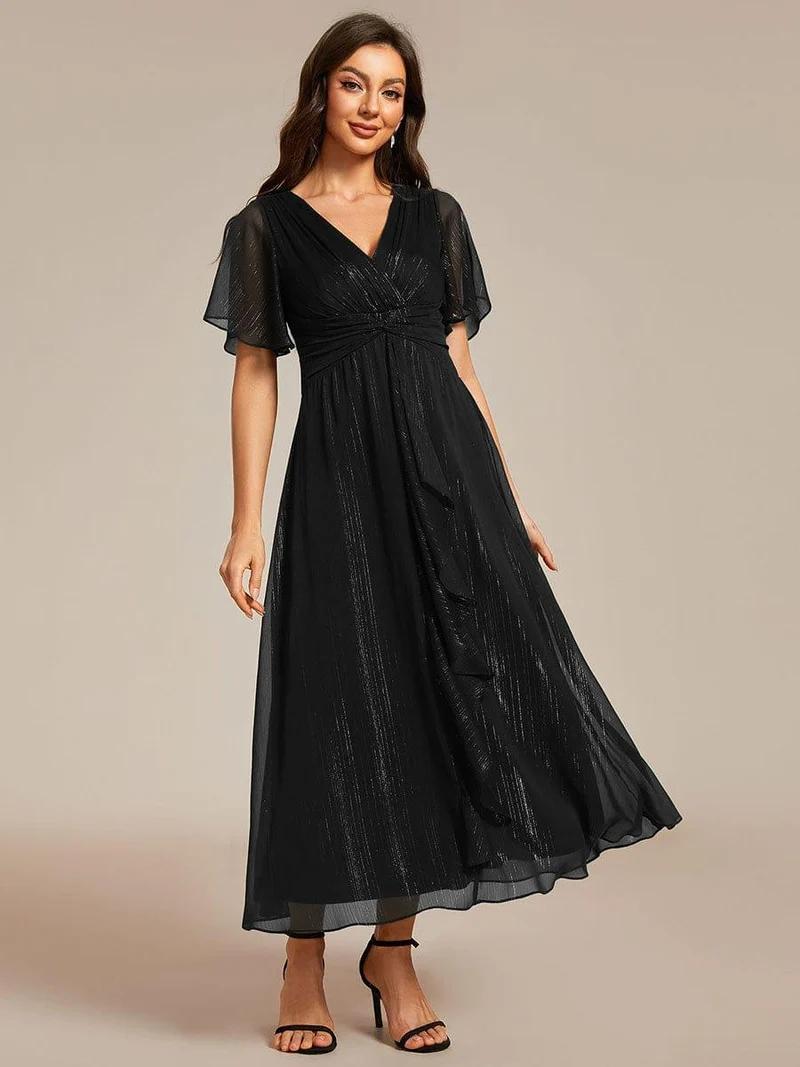 ever OPAHL|Robe d'invité de mariage mi-longue trapèze à manches courtes et paillettes avec ourlet à volants