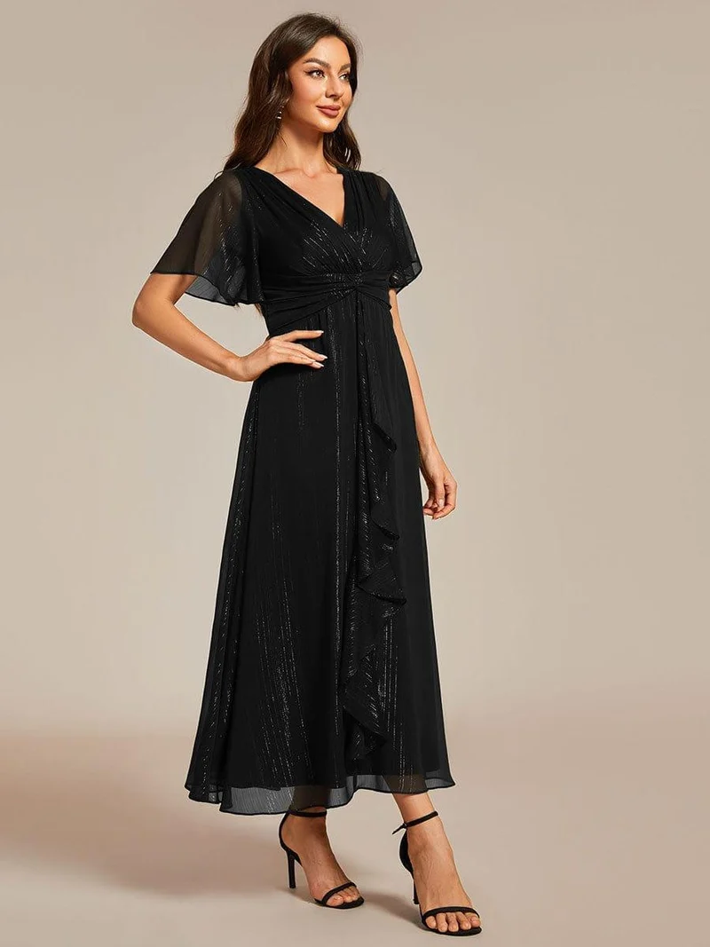ever OPAHL|Robe d'invité de mariage mi-longue trapèze à manches courtes et paillettes avec ourlet à volants
