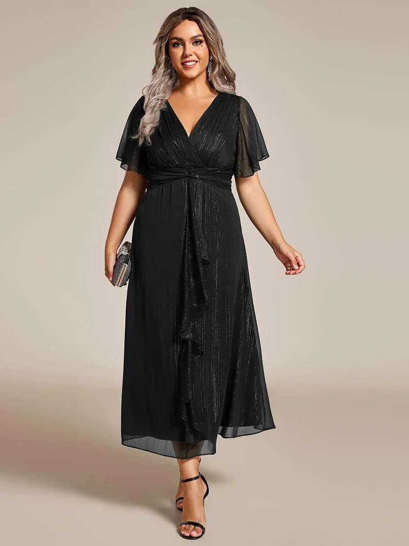 ever OPAHL|Robe d'invité de mariage mi-longue trapèze à manches courtes et paillettes avec ourlet à volants