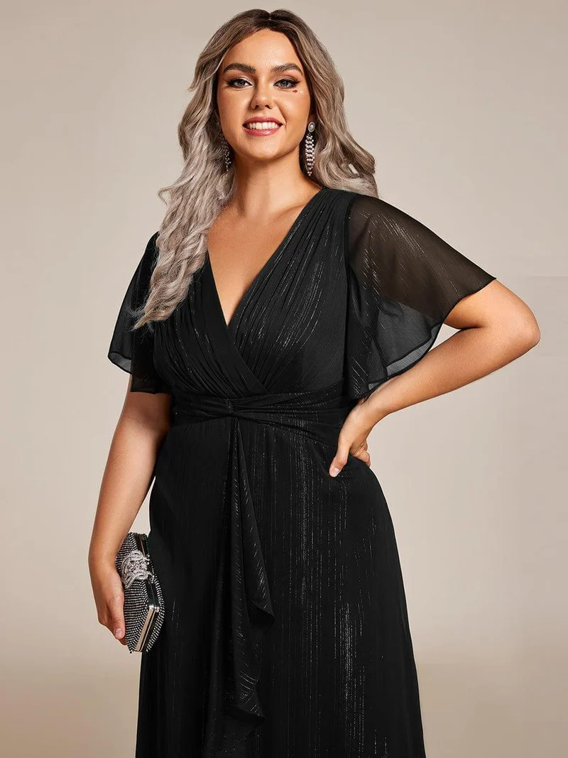ever OPAHL|Robe d'invité de mariage mi-longue trapèze à manches courtes et paillettes avec ourlet à volants