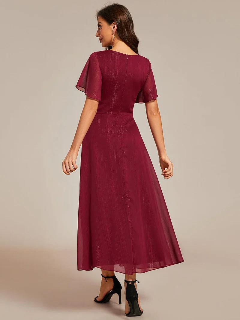 ever OPAHL|Robe d'invité de mariage mi-longue trapèze à manches courtes et paillettes avec ourlet à volants