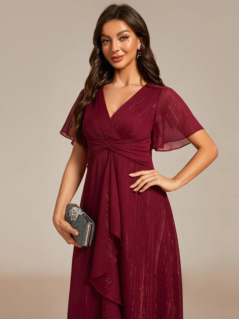 ever OPAHL|Robe d'invité de mariage mi-longue trapèze à manches courtes et paillettes avec ourlet à volants