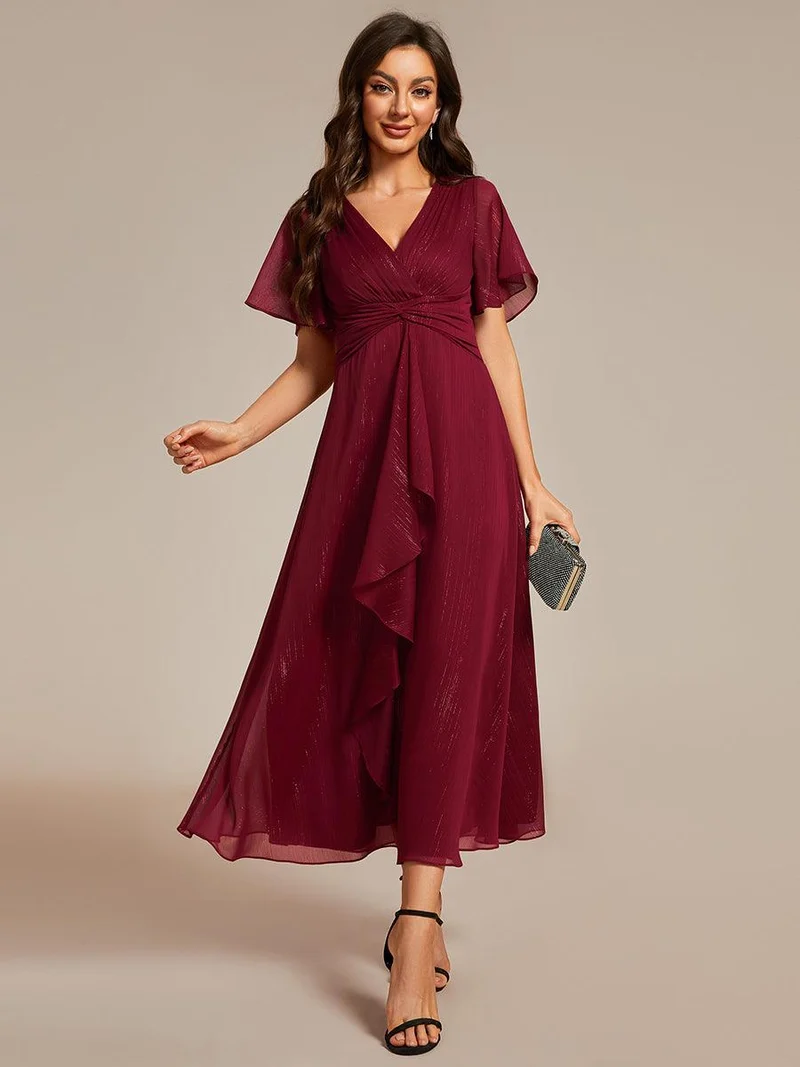 ever OPAHL|Robe d'invité de mariage mi-longue trapèze à manches courtes et paillettes avec ourlet à volants