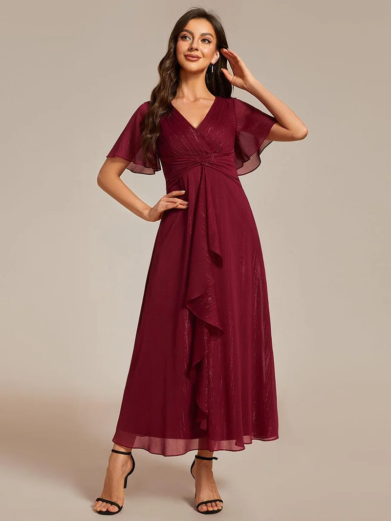 ever OPAHL|Robe d'invité de mariage mi-longue trapèze à manches courtes et paillettes avec ourlet à volants