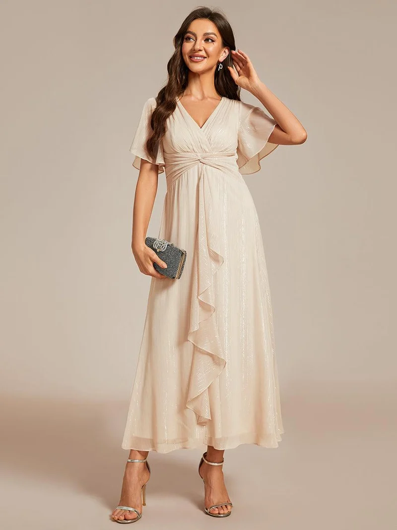 ever OPAHL|Robe d'invité de mariage mi-longue trapèze à manches courtes et paillettes avec ourlet à volants