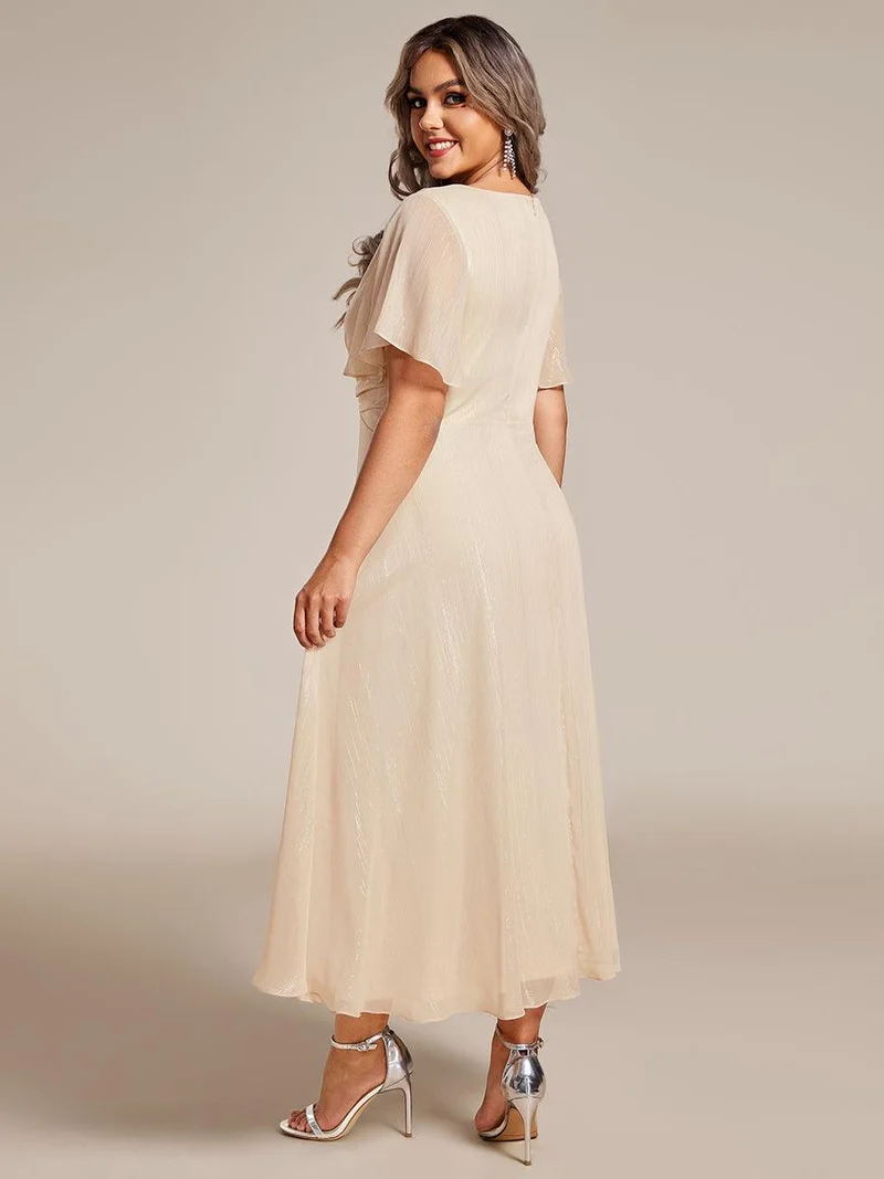 ever OPAHL|Robe d'invité de mariage mi-longue trapèze à manches courtes et paillettes avec ourlet à volants
