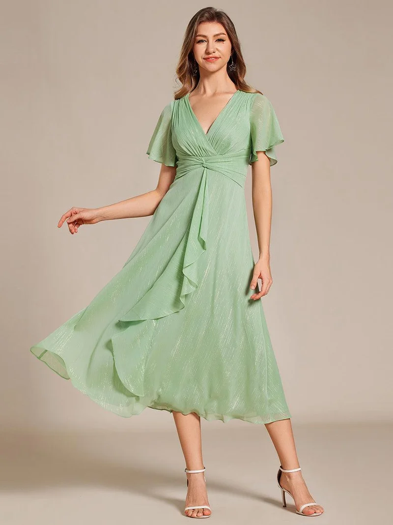 ever OPAHL|Robe d'invité de mariage mi-longue trapèze à manches courtes et paillettes avec ourlet à volants