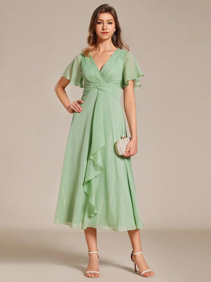 ever OPAHL|Robe d'invité de mariage mi-longue trapèze à manches courtes et paillettes avec ourlet à volants