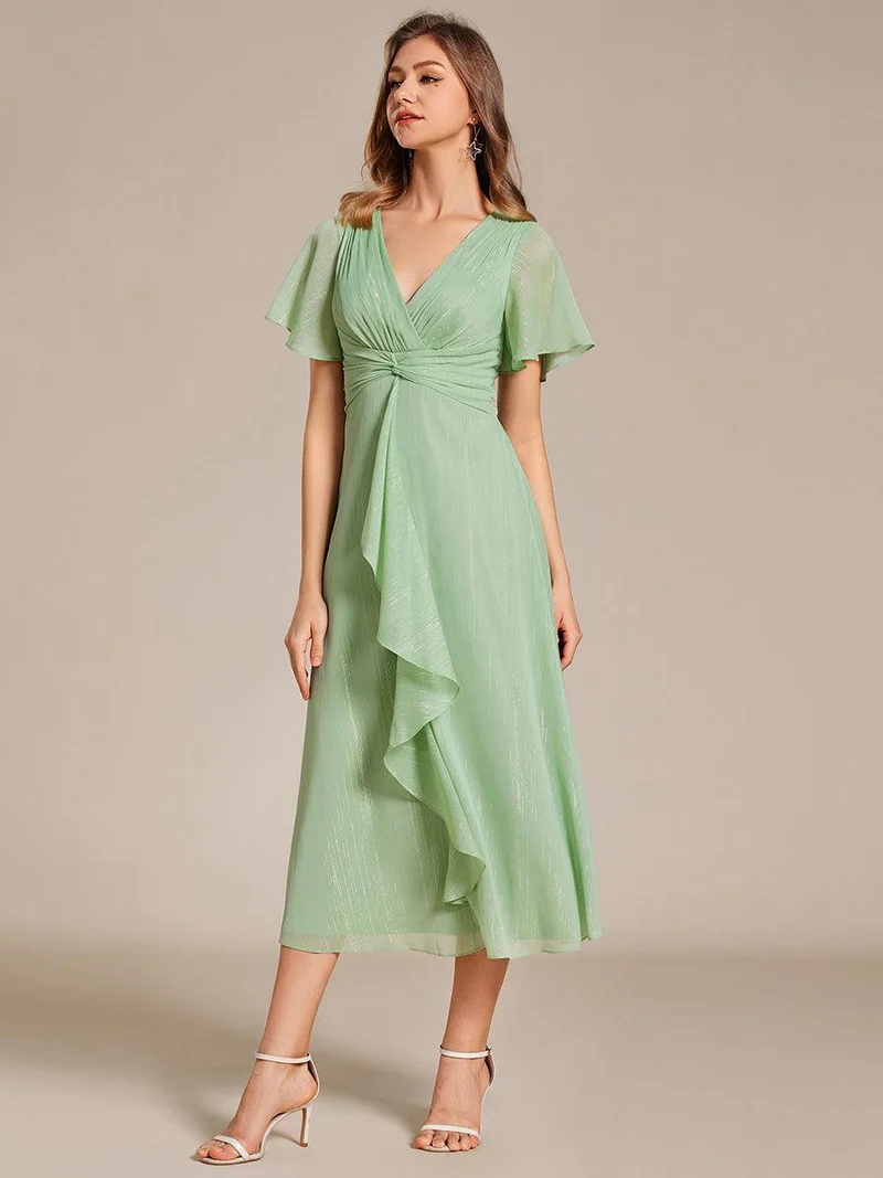 ever OPAHL|Robe d'invité de mariage mi-longue trapèze à manches courtes et paillettes avec ourlet à volants