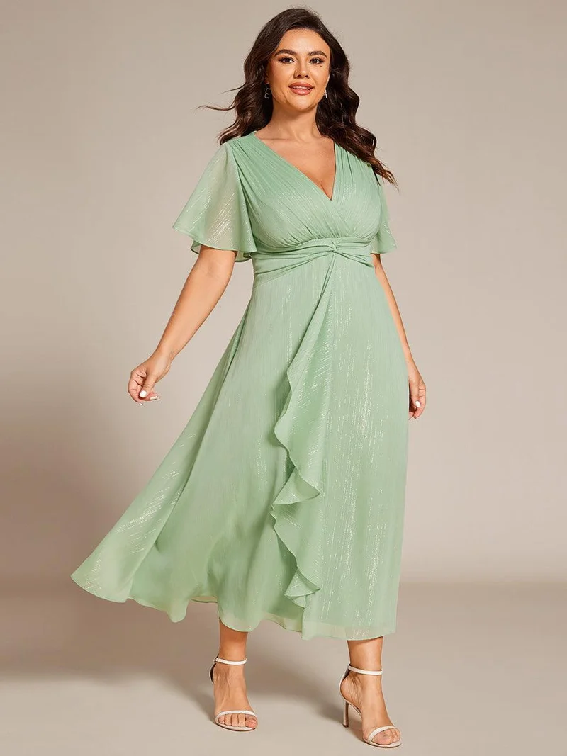 ever OPAHL|Robe d'invité de mariage mi-longue trapèze à manches courtes et paillettes avec ourlet à volants