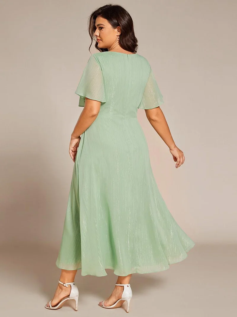 ever OPAHL|Robe d'invité de mariage mi-longue trapèze à manches courtes et paillettes avec ourlet à volants