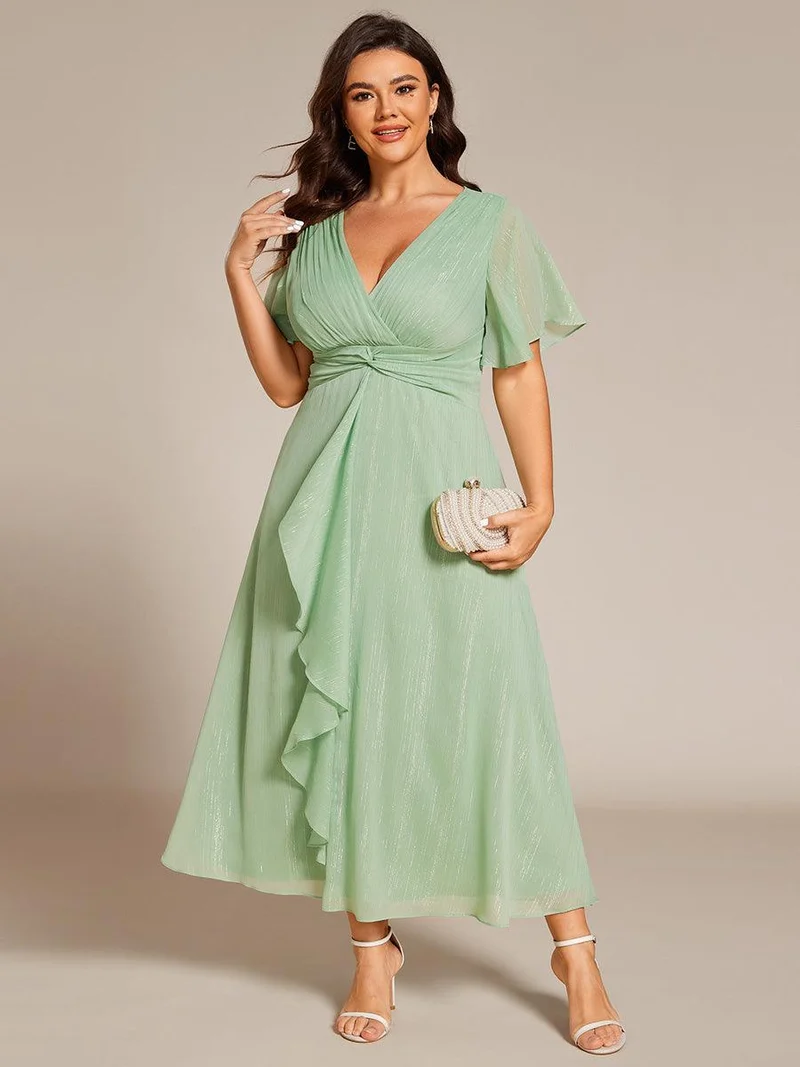 ever OPAHL|Robe d'invité de mariage mi-longue trapèze à manches courtes et paillettes avec ourlet à volants