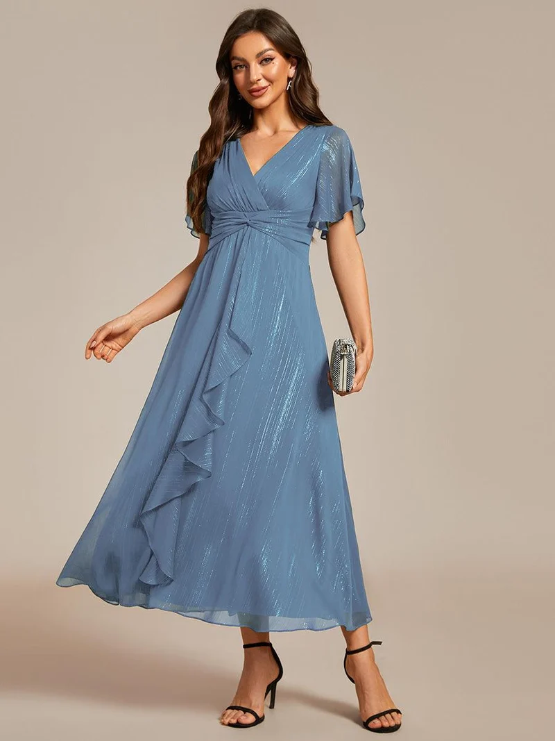 ever OPAHL|Robe d'invité de mariage mi-longue trapèze à manches courtes et paillettes avec ourlet à volants