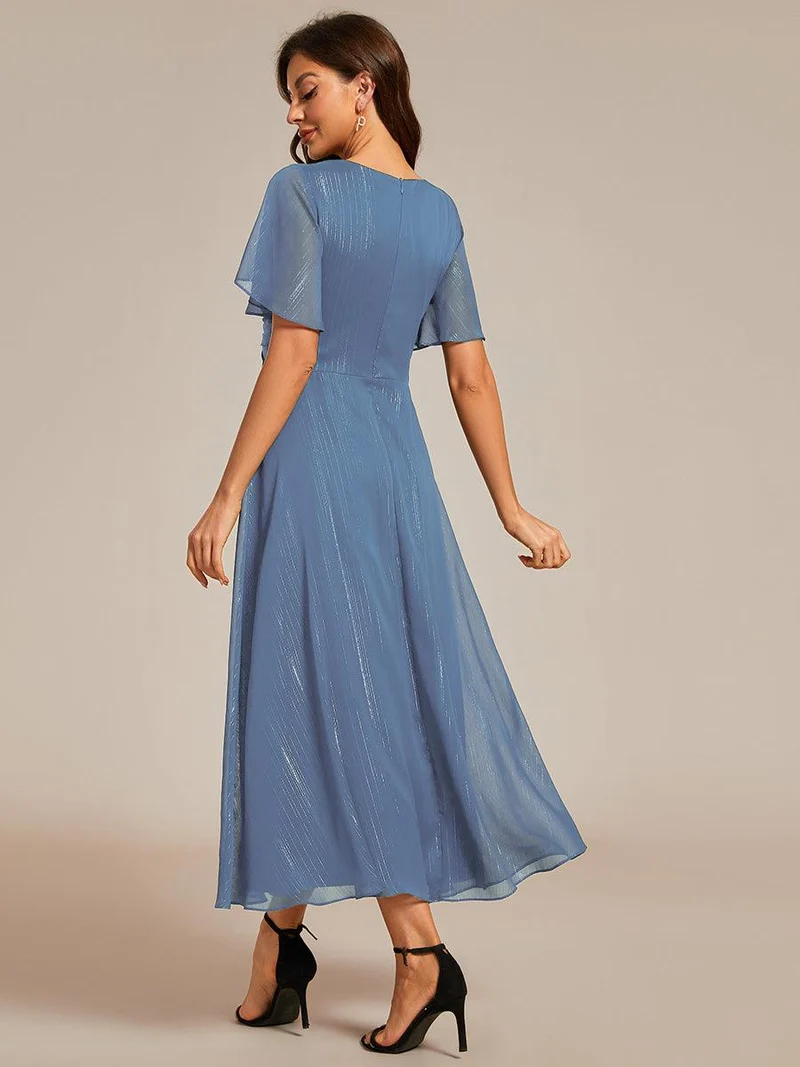ever OPAHL|Robe d'invité de mariage mi-longue trapèze à manches courtes et paillettes avec ourlet à volants