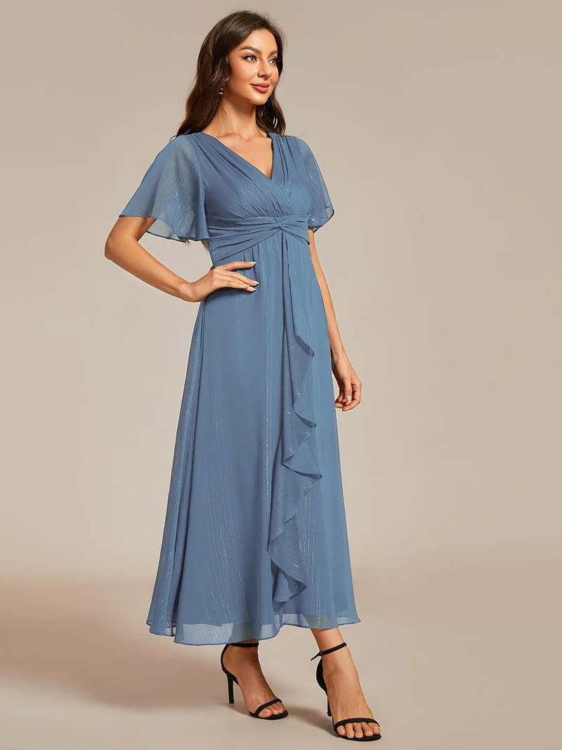 ever OPAHL|Robe d'invité de mariage mi-longue trapèze à manches courtes et paillettes avec ourlet à volants