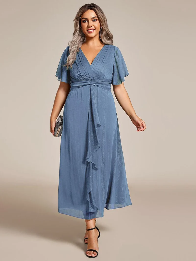 ever OPAHL|Robe d'invité de mariage mi-longue trapèze à manches courtes et paillettes avec ourlet à volants