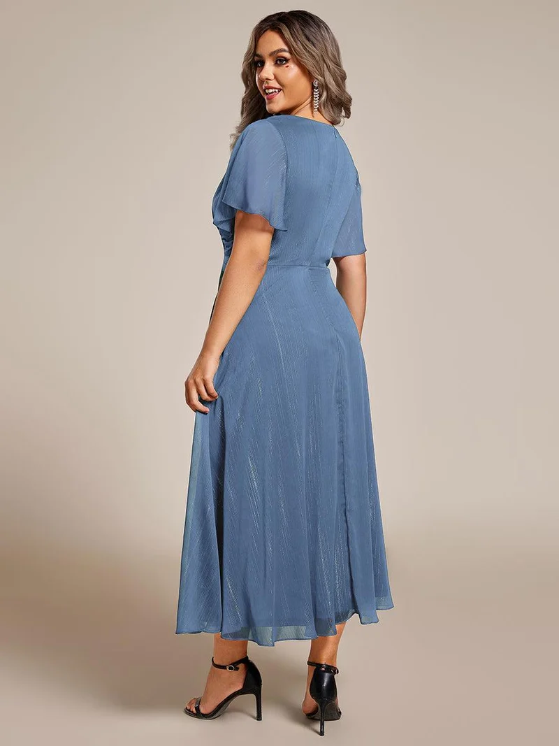 ever OPAHL|Robe d'invité de mariage mi-longue trapèze à manches courtes et paillettes avec ourlet à volants