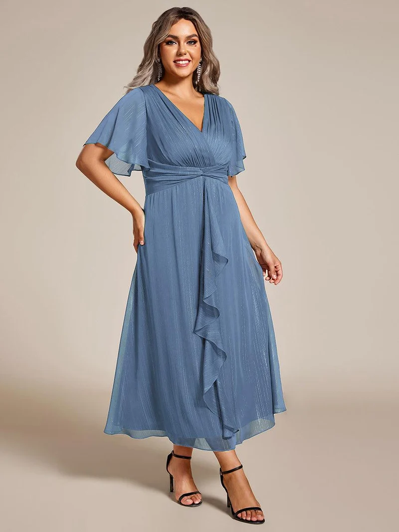 ever OPAHL|Robe d'invité de mariage mi-longue trapèze à manches courtes et paillettes avec ourlet à volants