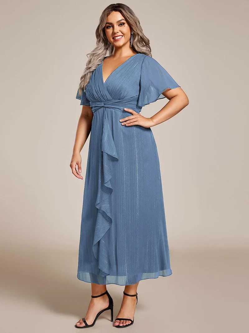 ever OPAHL|Robe d'invité de mariage mi-longue trapèze à manches courtes et paillettes avec ourlet à volants