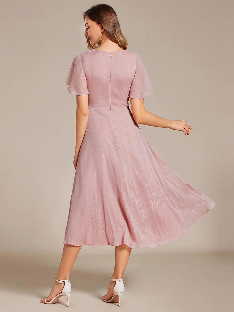 ever OPAHL|Robe d'invité de mariage mi-longue trapèze à manches courtes et paillettes avec ourlet à volants