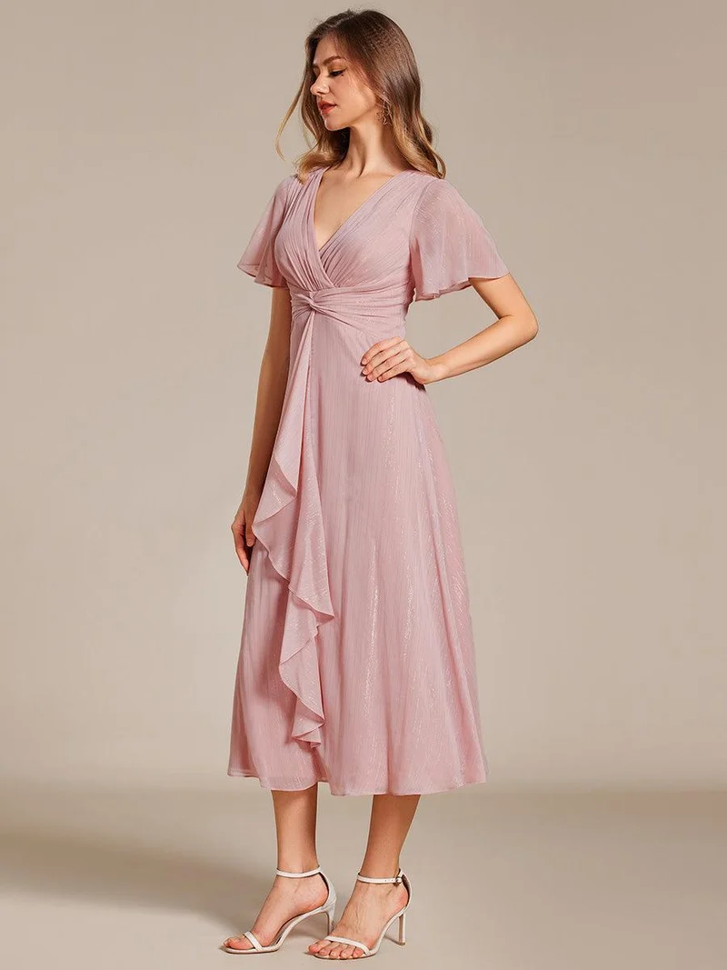 ever OPAHL|Robe d'invité de mariage mi-longue trapèze à manches courtes et paillettes avec ourlet à volants