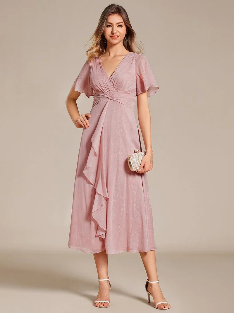 ever OPAHL|Robe d'invité de mariage mi-longue trapèze à manches courtes et paillettes avec ourlet à volants