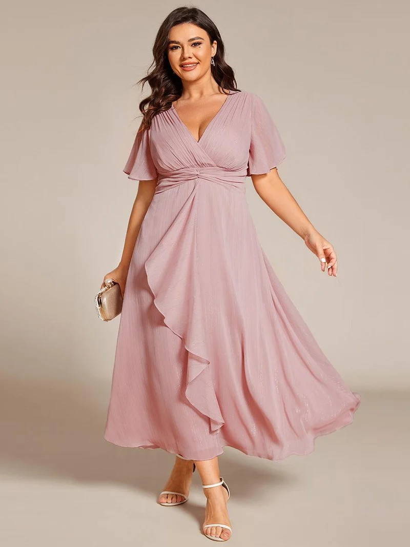 ever OPAHL|Robe d'invité de mariage mi-longue trapèze à manches courtes et paillettes avec ourlet à volants