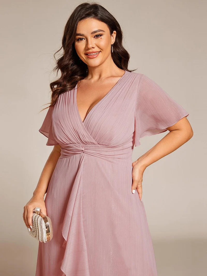 ever OPAHL|Robe d'invité de mariage mi-longue trapèze à manches courtes et paillettes avec ourlet à volants