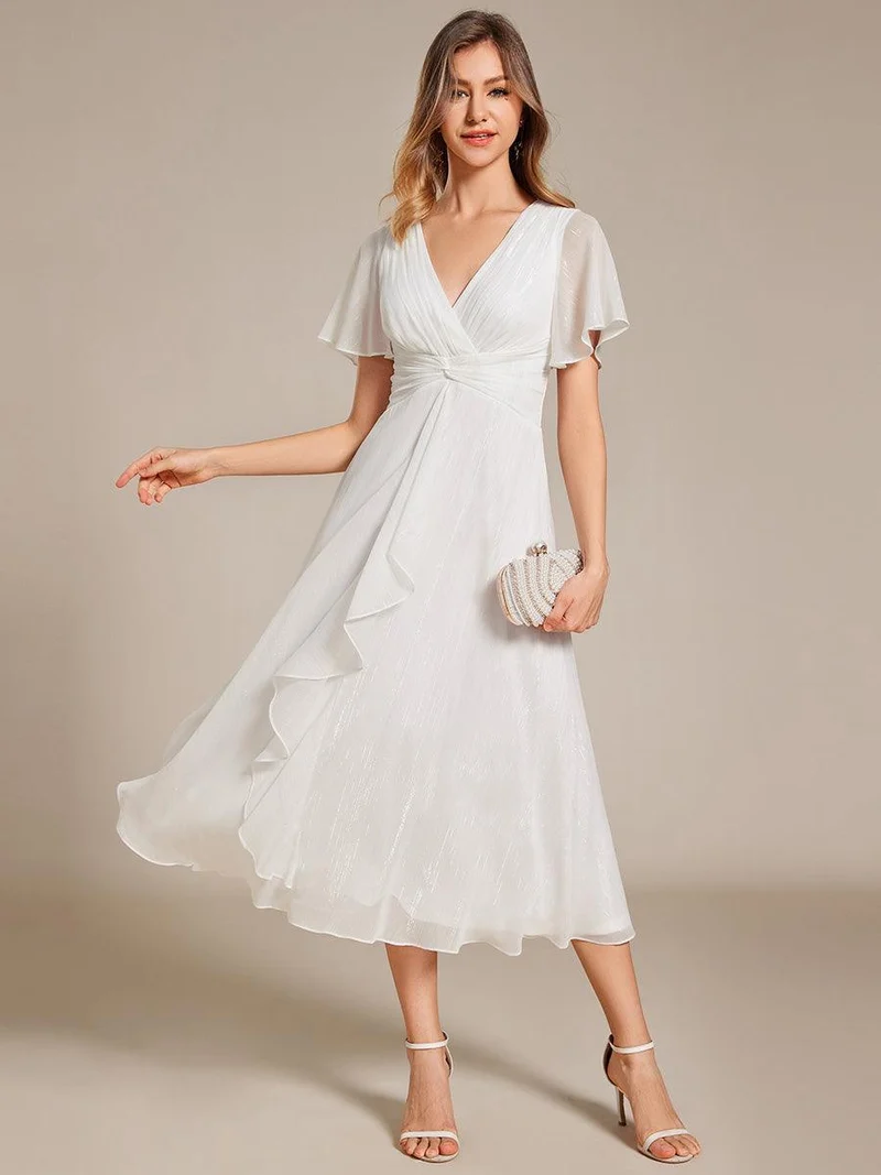 ever OPAHL|Robe d'invité de mariage mi-longue trapèze à manches courtes et paillettes avec ourlet à volants
