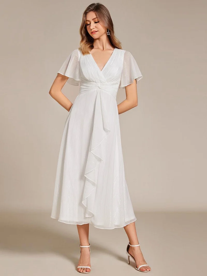ever OPAHL|Robe d'invité de mariage mi-longue trapèze à manches courtes et paillettes avec ourlet à volants