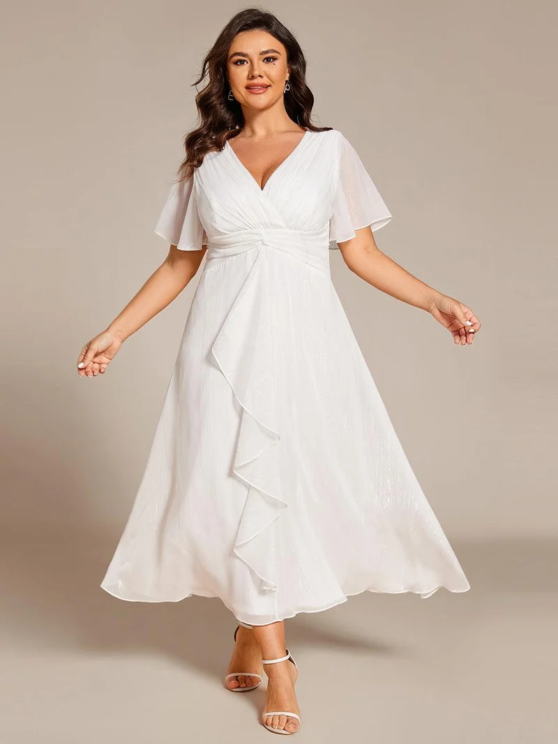 ever OPAHL|Robe d'invité de mariage mi-longue trapèze à manches courtes et paillettes avec ourlet à volants