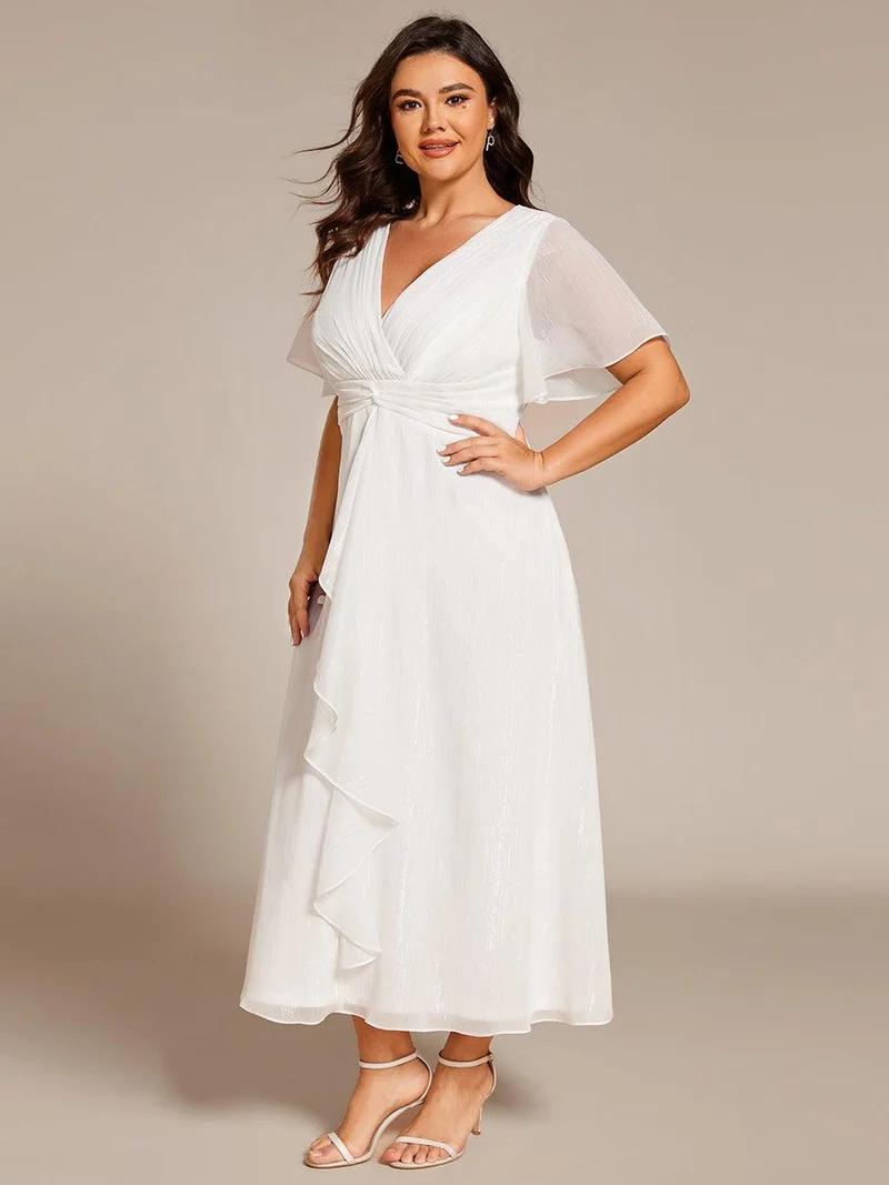 ever OPAHL|Robe d'invité de mariage mi-longue trapèze à manches courtes et paillettes avec ourlet à volants