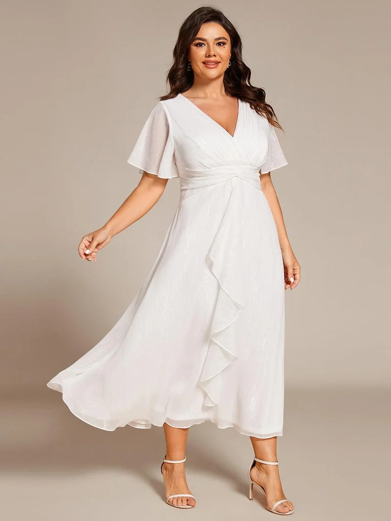 ever OPAHL|Robe d'invité de mariage mi-longue trapèze à manches courtes et paillettes avec ourlet à volants