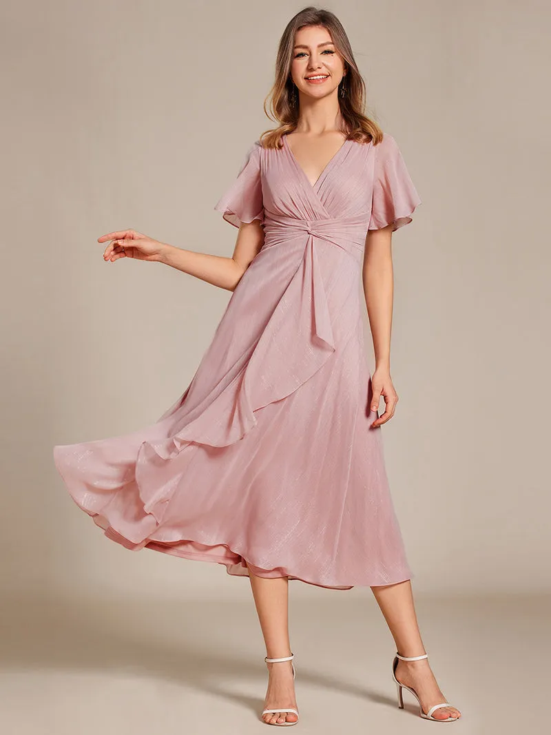 ever OPAHL|Robe d'invité de mariage mi-longue trapèze à manches courtes et paillettes avec ourlet à volants