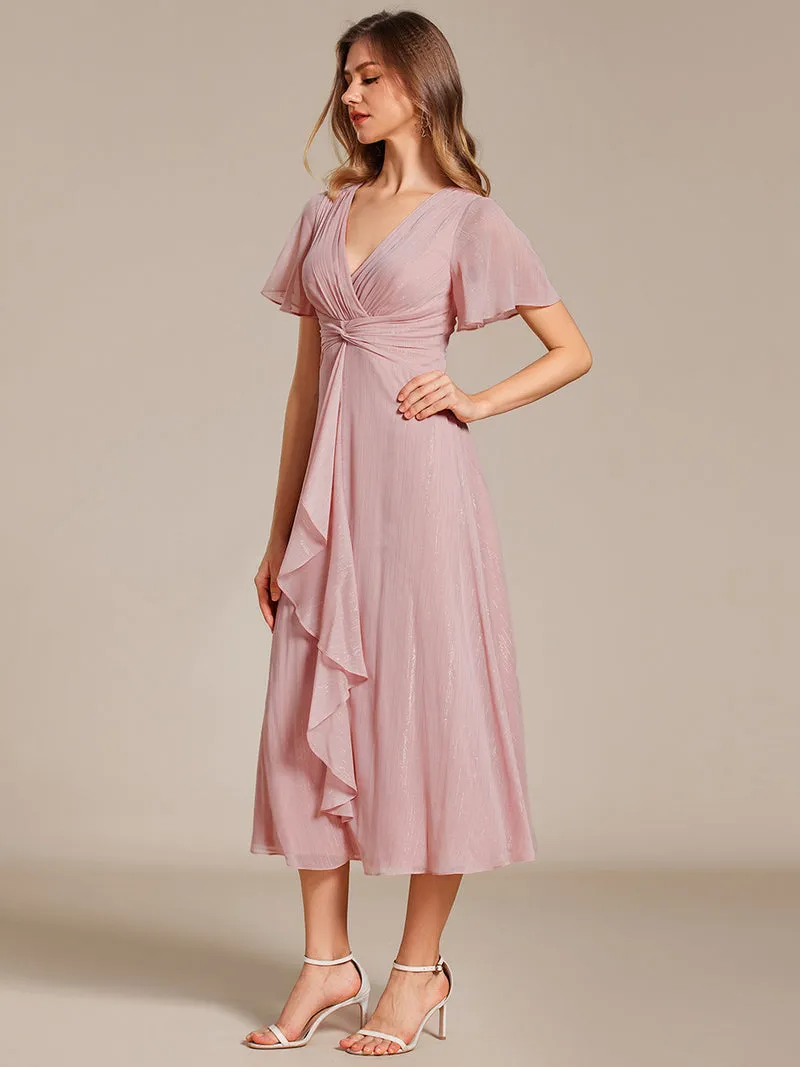 ever OPAHL|Robe d'invité de mariage mi-longue trapèze à manches courtes et paillettes avec ourlet à volants