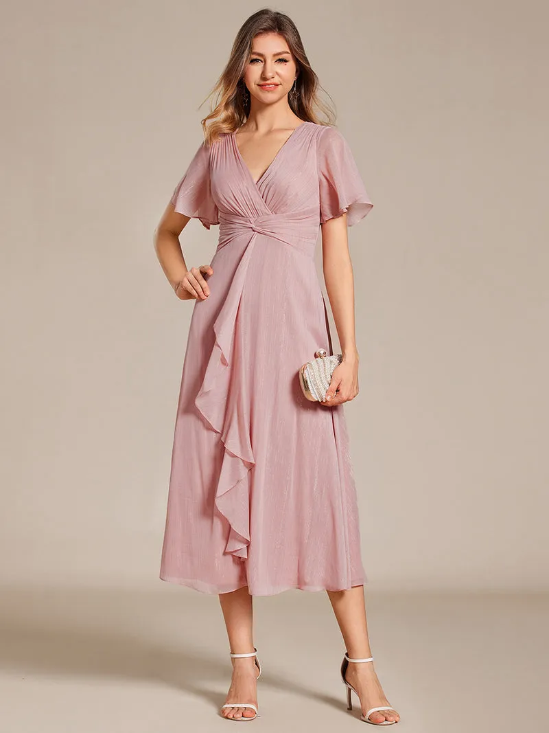 ever OPAHL|Robe d'invité de mariage mi-longue trapèze à manches courtes et paillettes avec ourlet à volants
