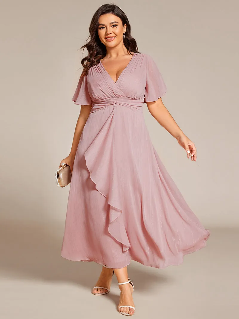 ever OPAHL|Robe d'invité de mariage mi-longue trapèze à manches courtes et paillettes avec ourlet à volants