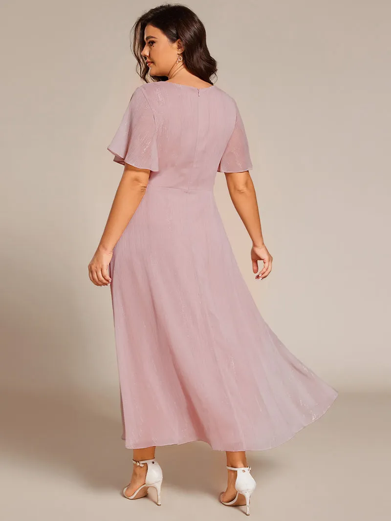 ever OPAHL|Robe d'invité de mariage mi-longue trapèze à manches courtes et paillettes avec ourlet à volants
