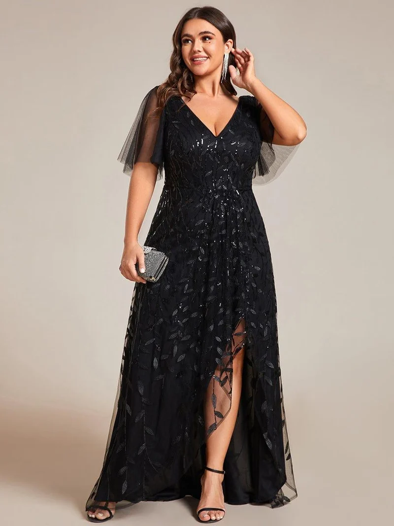 pretty ALIX|Robes de soirée pailletées à fente haute et col en V de grande taille