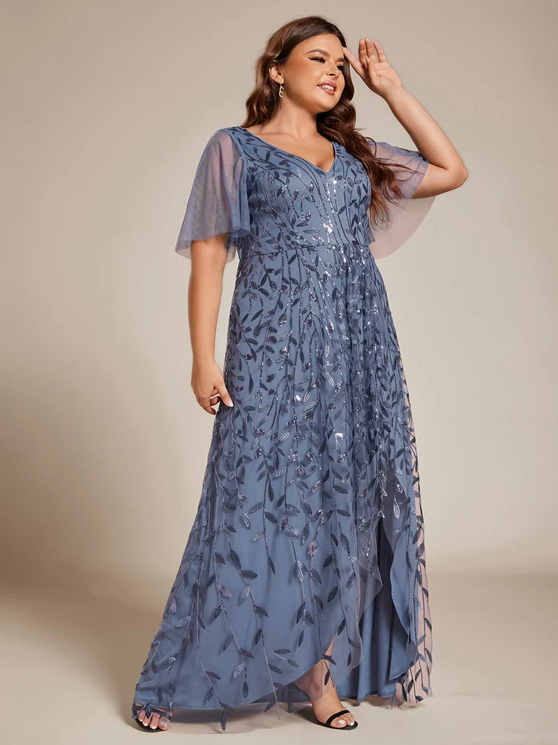 pretty ALIX|Robes de soirée pailletées à fente haute et col en V de grande taille