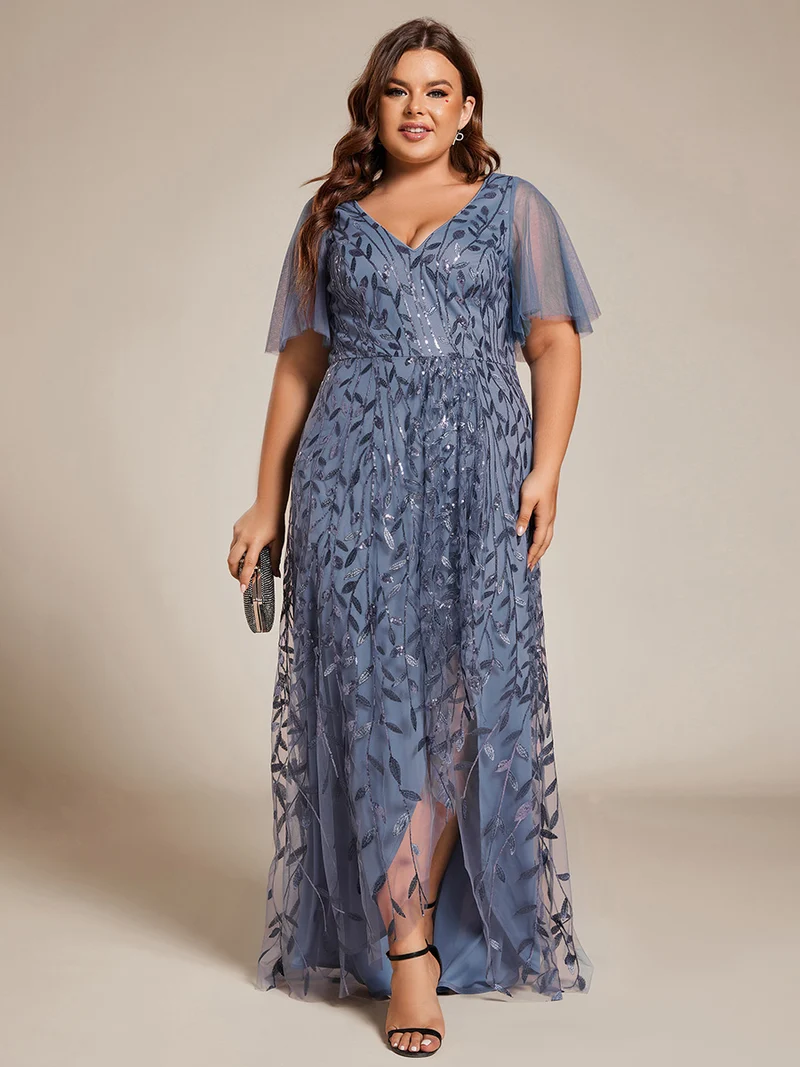 pretty ALIX|Robes de soirée pailletées à fente haute et col en V de grande taille