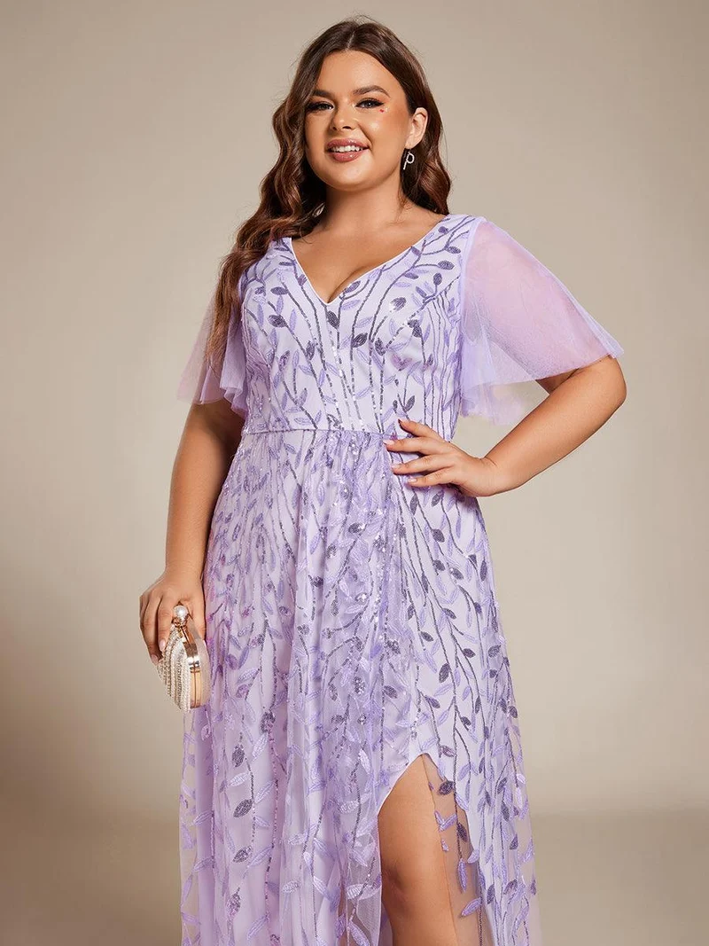 pretty ALIX|Robes de soirée pailletées à fente haute et col en V de grande taille
