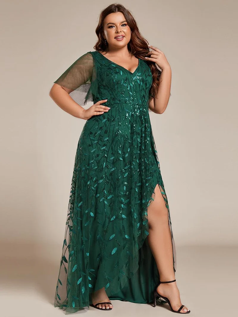 pretty ALIX|Robes de soirée pailletées à fente haute et col en V de grande taille