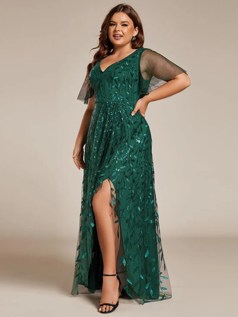 pretty ALIX|Robes de soirée pailletées à fente haute et col en V de grande taille