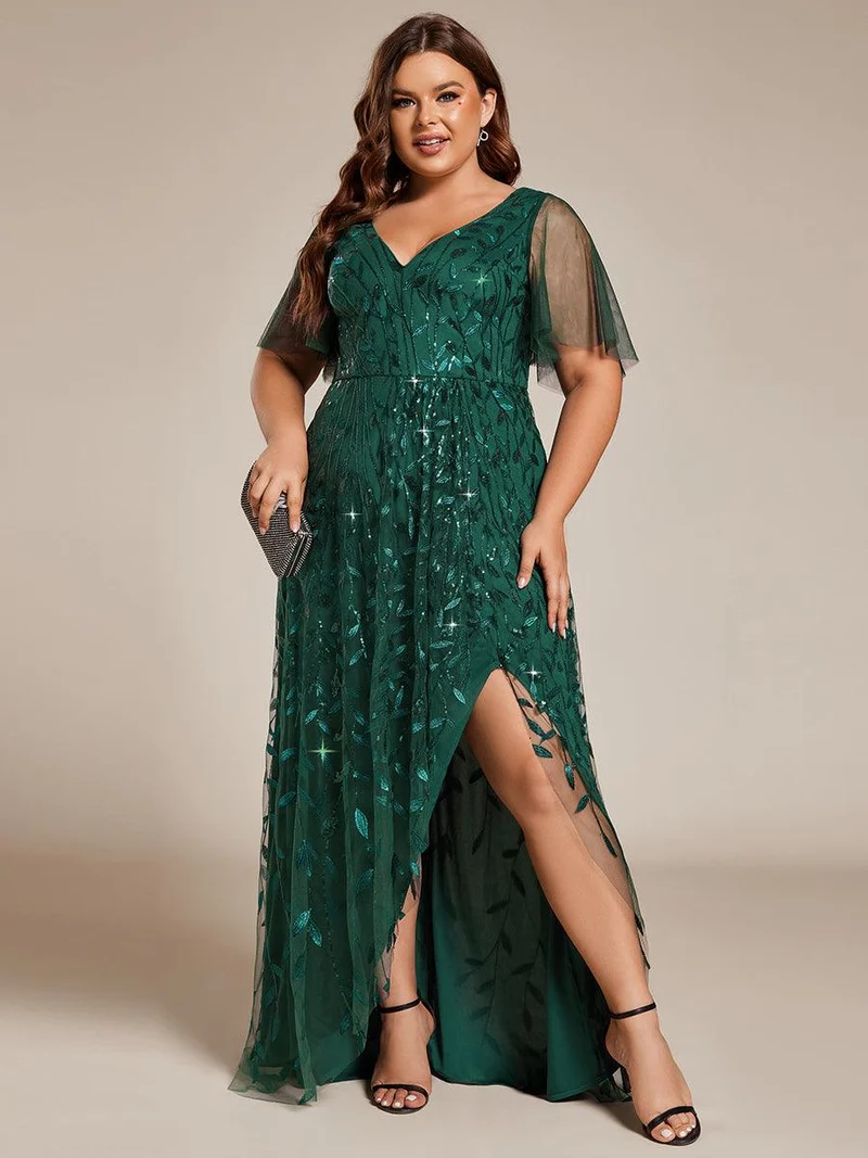 pretty ALIX|Robes de soirée pailletées à fente haute et col en V de grande taille