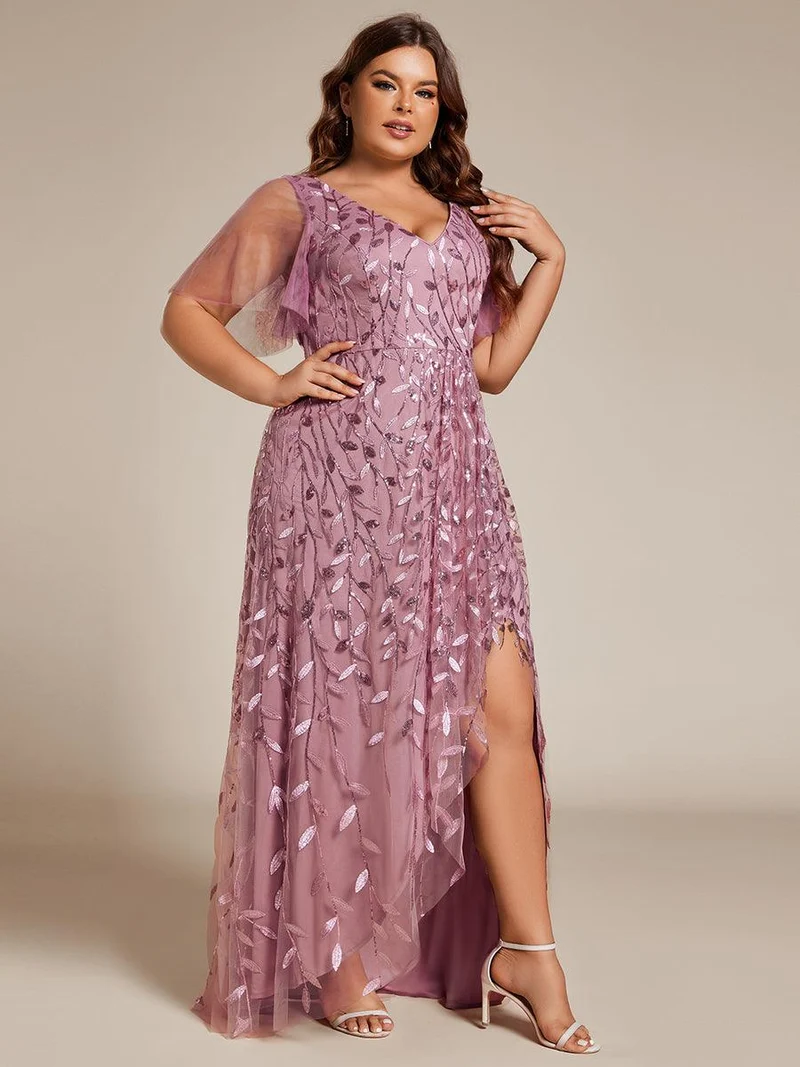 pretty ALIX|Robes de soirée pailletées à fente haute et col en V de grande taille