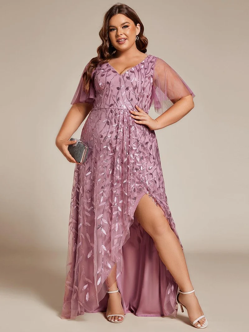 pretty ALIX|Robes de soirée pailletées à fente haute et col en V de grande taille